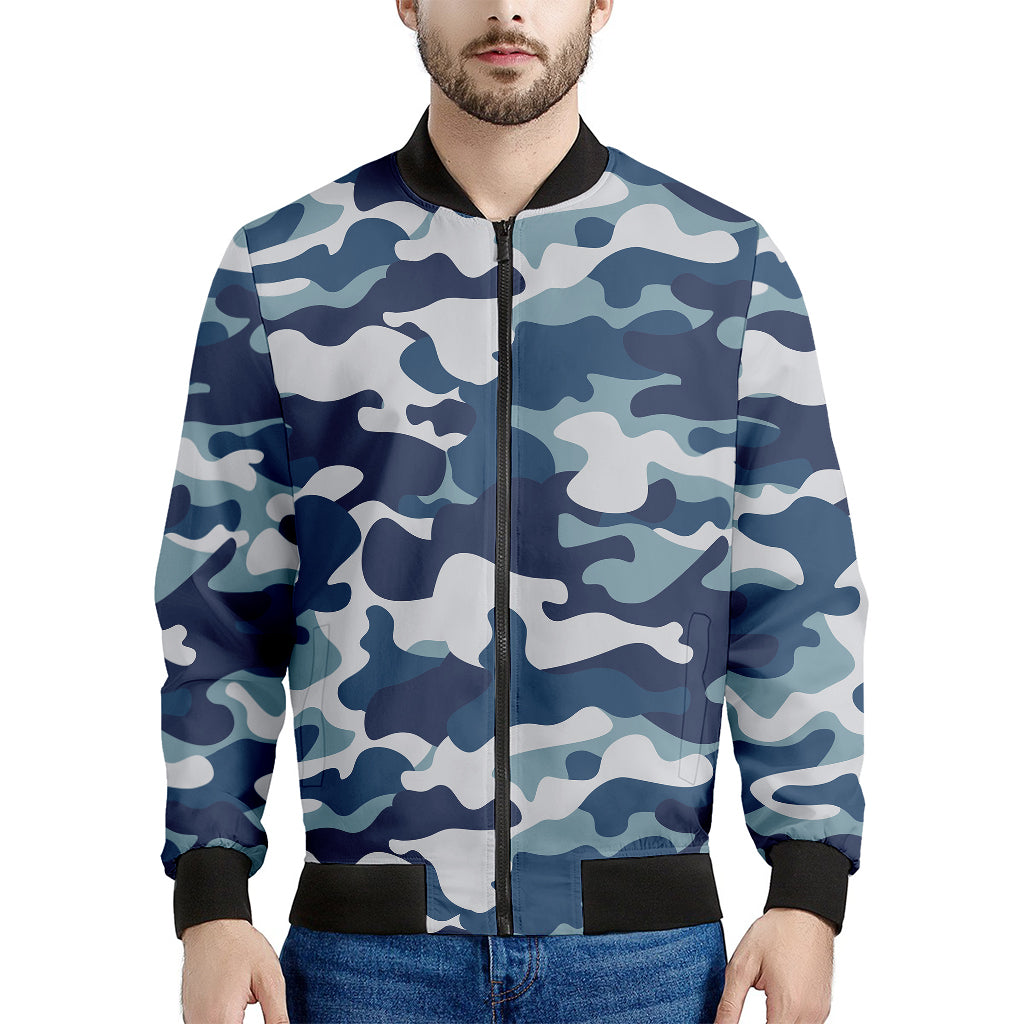 Blue And White Camouflage Print Men's Bomber Jacket