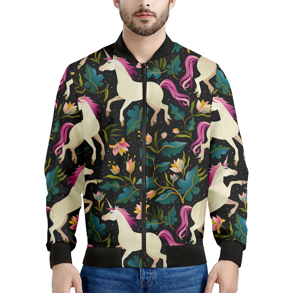 Night Floral Unicorn Pattern Print Men's Bomber Jacket