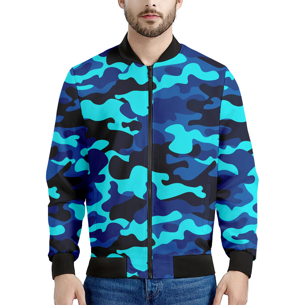 Blue And Black Camouflage Print Men's Bomber Jacket