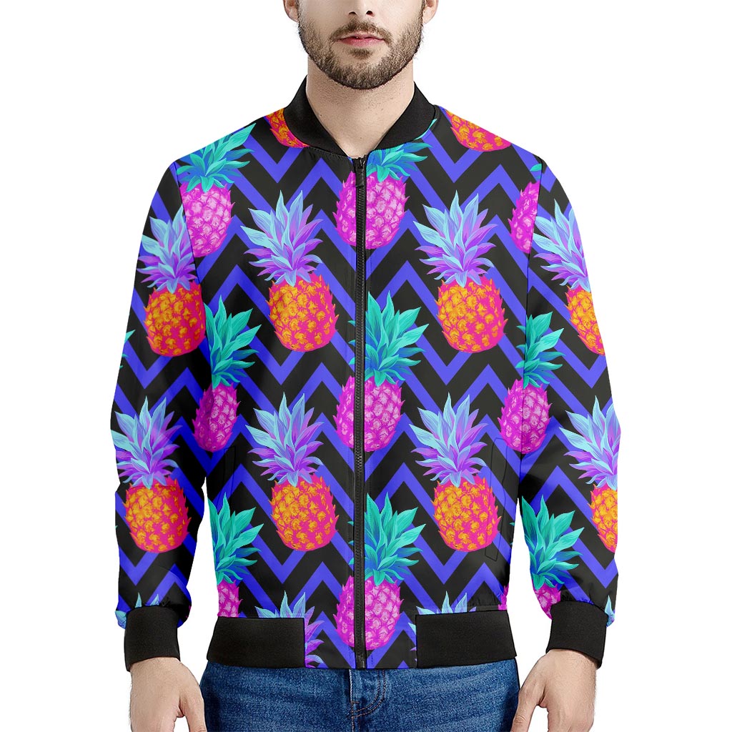 Neon EDM Zig Zag Pineapple Pattern Print Men's Bomber Jacket