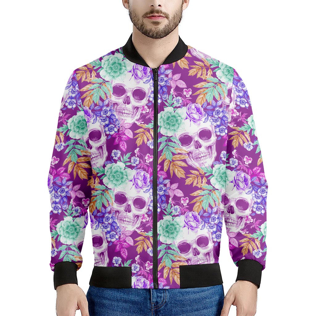 Neon Skull Floral Pattern Print Men's Bomber Jacket